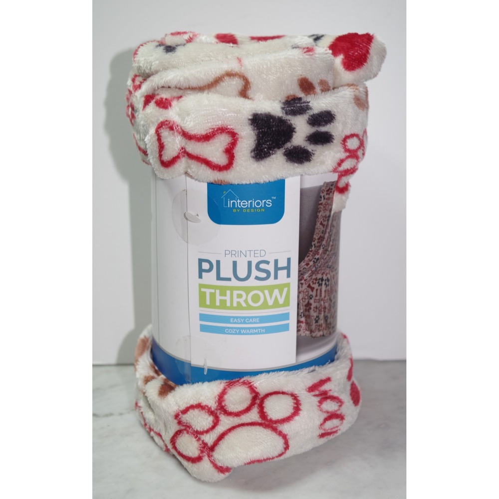 NEW Interiors by Design Plush Throw Blanket Dog Paw Bone Print White Red 50x60